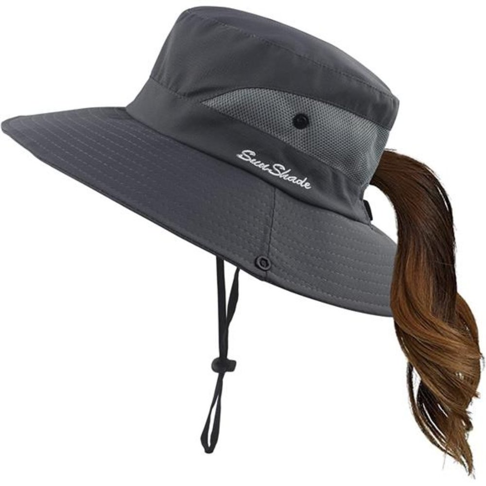 Womens Summer Sun Hat Wide Brim Outdoor UV Protection Hat Foldable Ponytail Cap